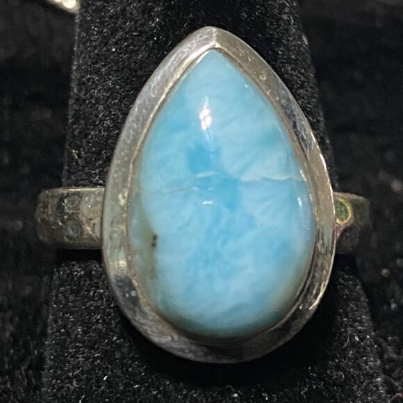 Ring Teardrop Larimar Cabochon 3.345 Carats Size 7.5 Sterling Silver Stamped 925 - Picture 1 of 11